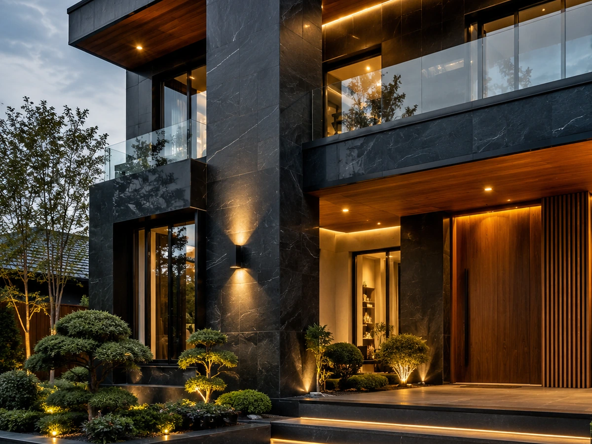 Fachada premium con paneles de piedra oscura